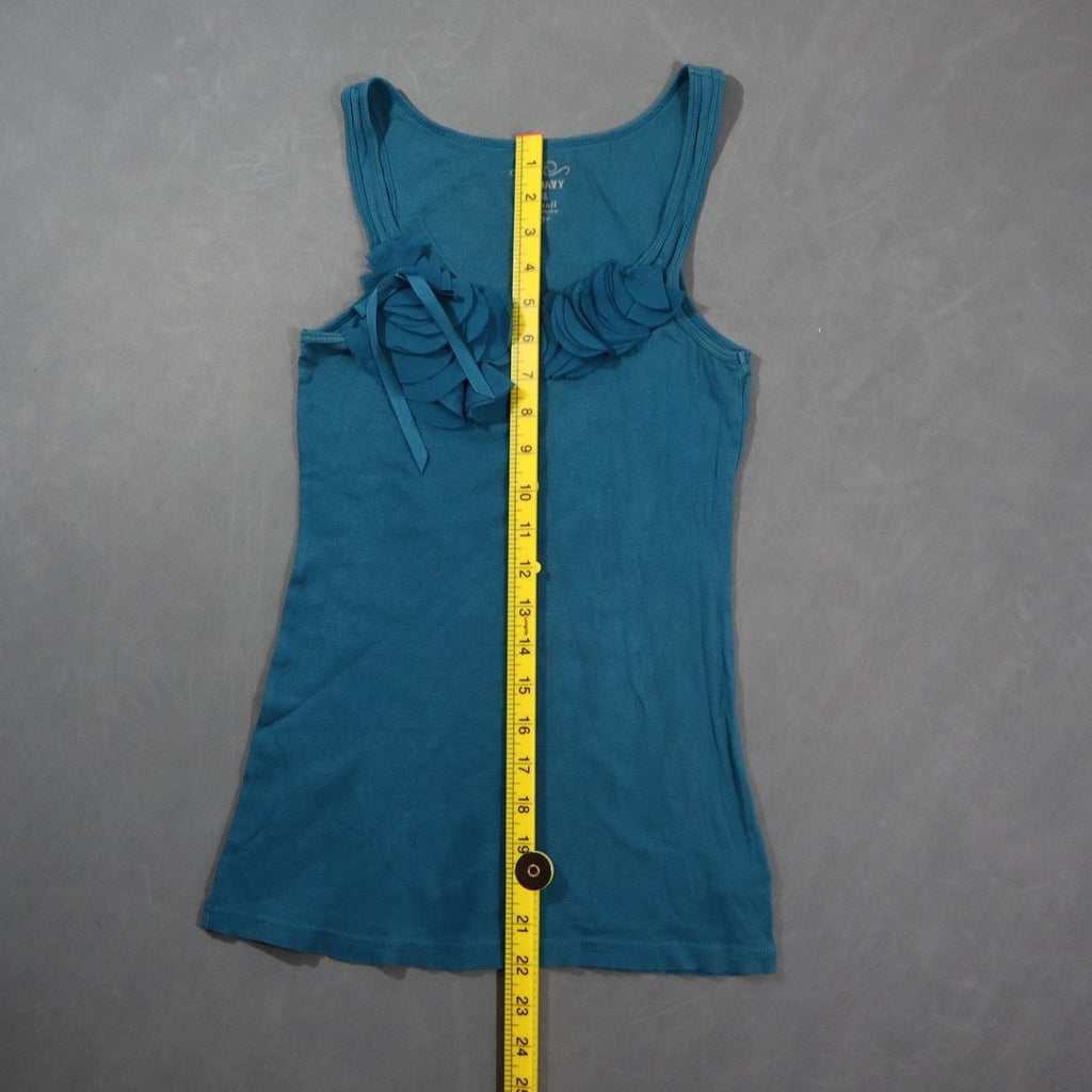 Old Navy Womens Tank Top Teal Blue Chiffon Ruffle Rosette Bow Scoop Neck Cami XS