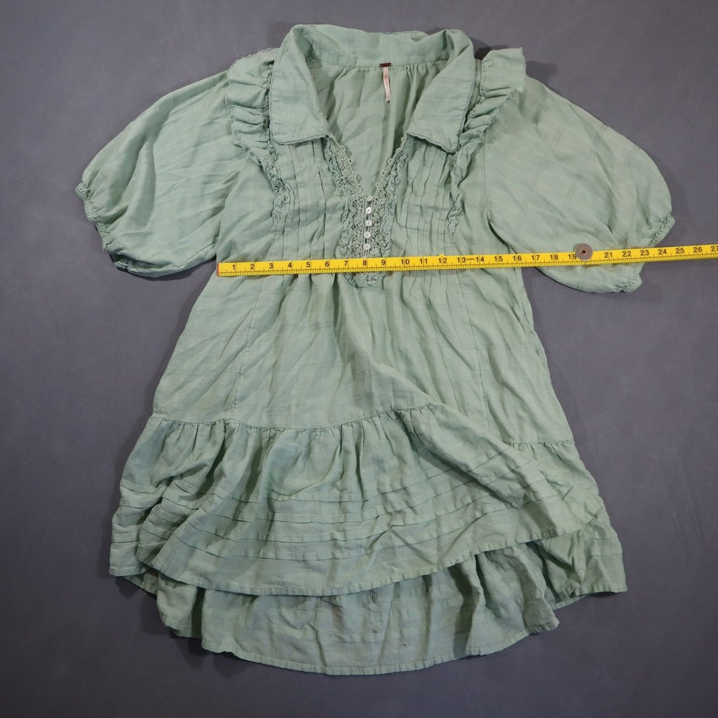 Free People Womens Babydoll Mini Dress Mint Green XS Puff Sleeve Lace Tunic Top