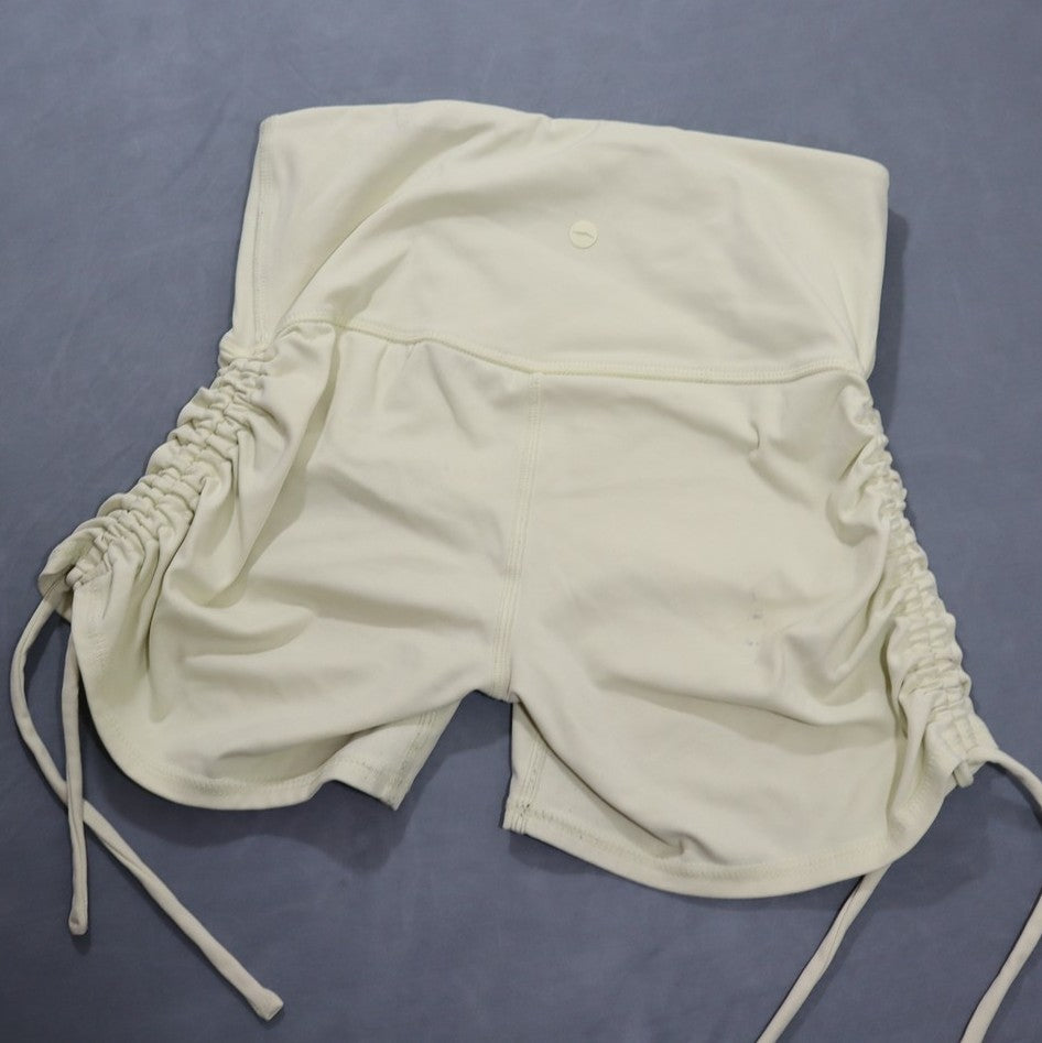 Avia Womens High Rise Ruched Scrunch Biker Shorts Drawstring Cream Small S 4-6