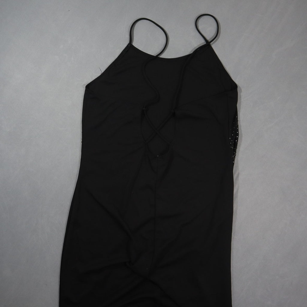 Vintage Y2K Newport News Womens Beaded Floral Maxi Dress Black Strappy Back 14