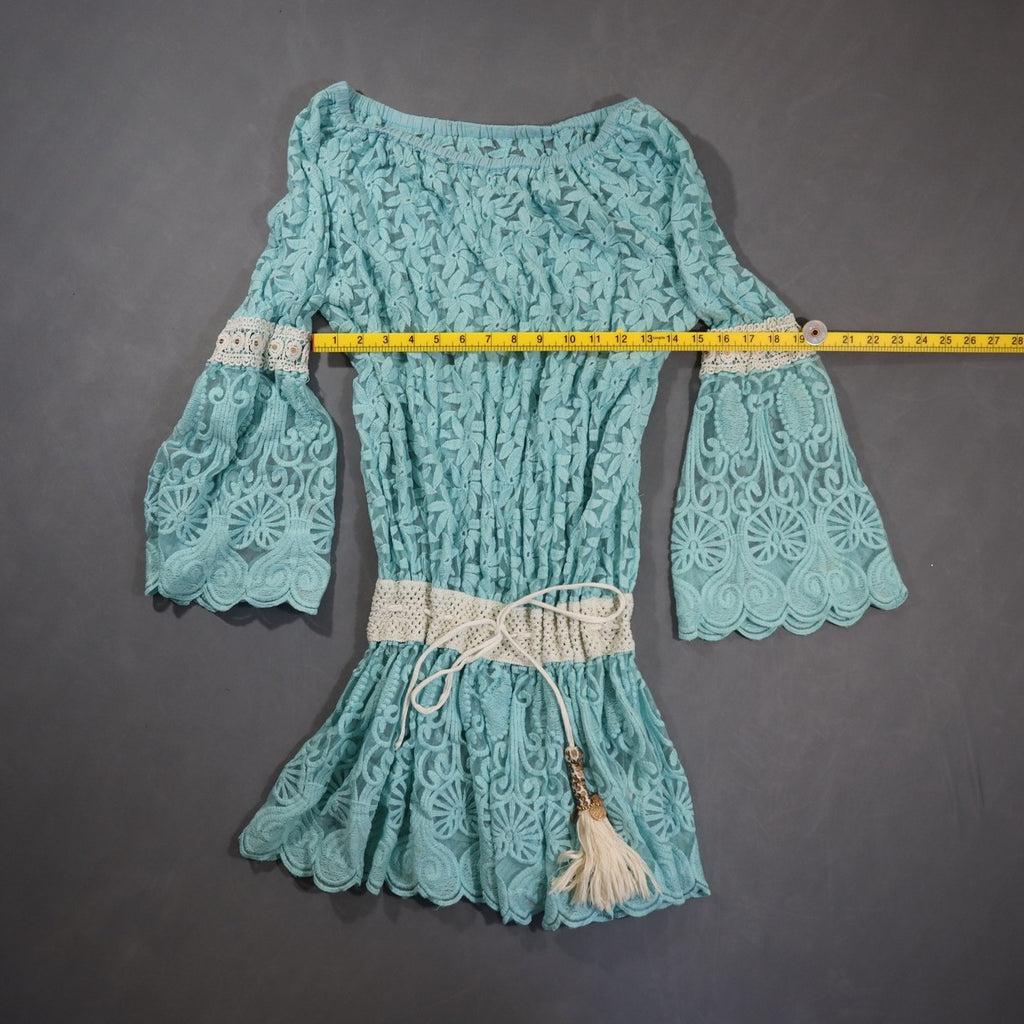 Lace Tunic Top Womens Aqua Blue Bell Sleeve Crochet Waist Tassel Boho Sheer