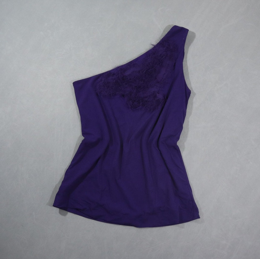 The Limited Womens One Shoulder Top Purple Feather Fringe Trim Stretch Party XS
