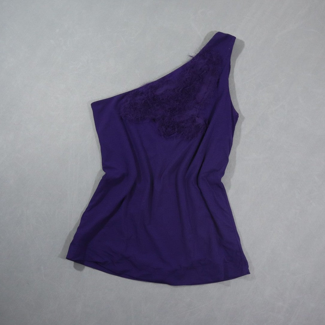 The Limited Womens One Shoulder Top Purple Feather Fringe Trim Stretch Party XS