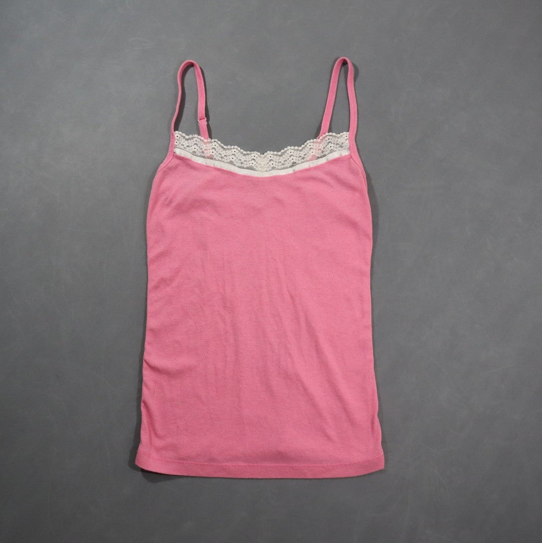 Charlotte Russe Womens Lace Trim Cami Tank Top Pink Ribbed Spaghetti Strap Sz S