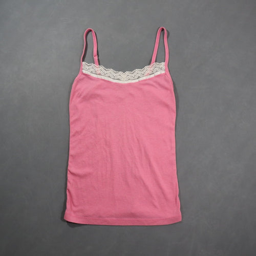 Charlotte Russe Womens Lace Trim Cami Tank Top Pink Ribbed Spaghetti Strap Sz S