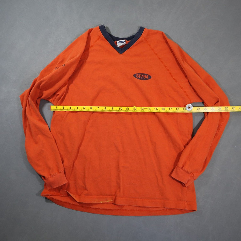 Vintage Y2K Old Navy Long Sleeve T Shirt Mens S Orange V Neck SF/94 Logo Raglan
