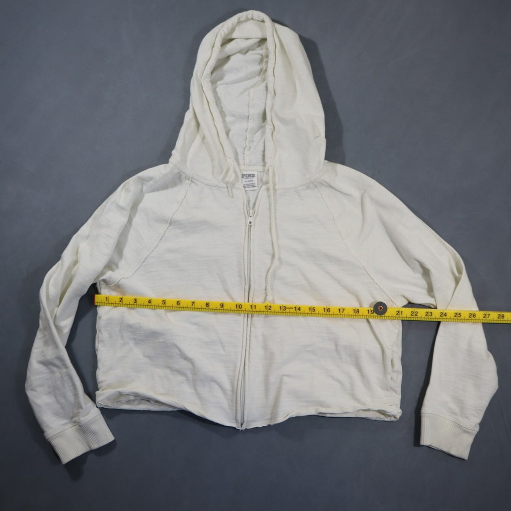 PINK Victoria's Secret Womens Cropped Full Zip Hoodie Cream Slub Knit Raglan L