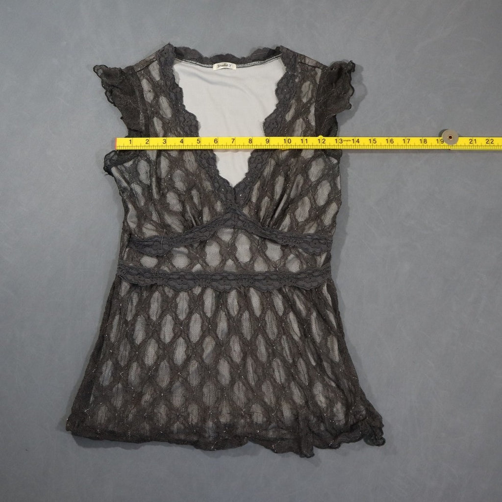 Studio Y Lace Top Womens Charcoal Grey V-Neck Cap Sleeve Empire Waist Babydoll
