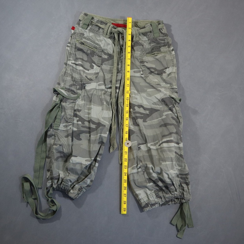 Y2K Fire Jeans Womens Juniors Camo Cargo Capri Pants Green Strap Cotton 5