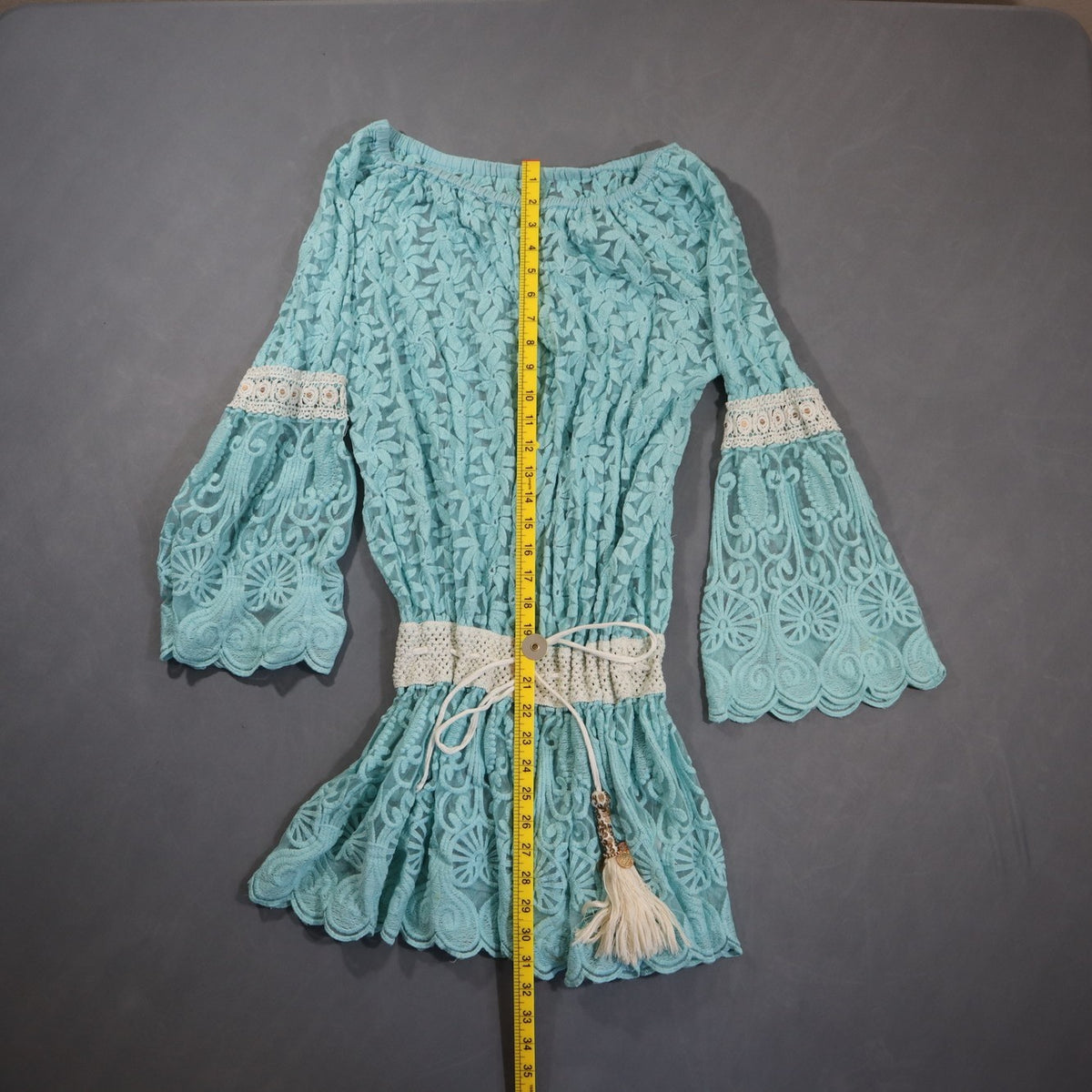 Lace Tunic Top Womens Aqua Blue Bell Sleeve Crochet Waist Tassel Boho Sheer