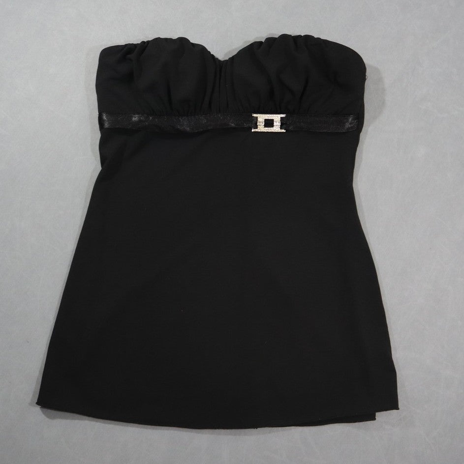 Studio Y Womens Strapless Tube Top Black M Rhinestone Buckle Ruched Sweetheart