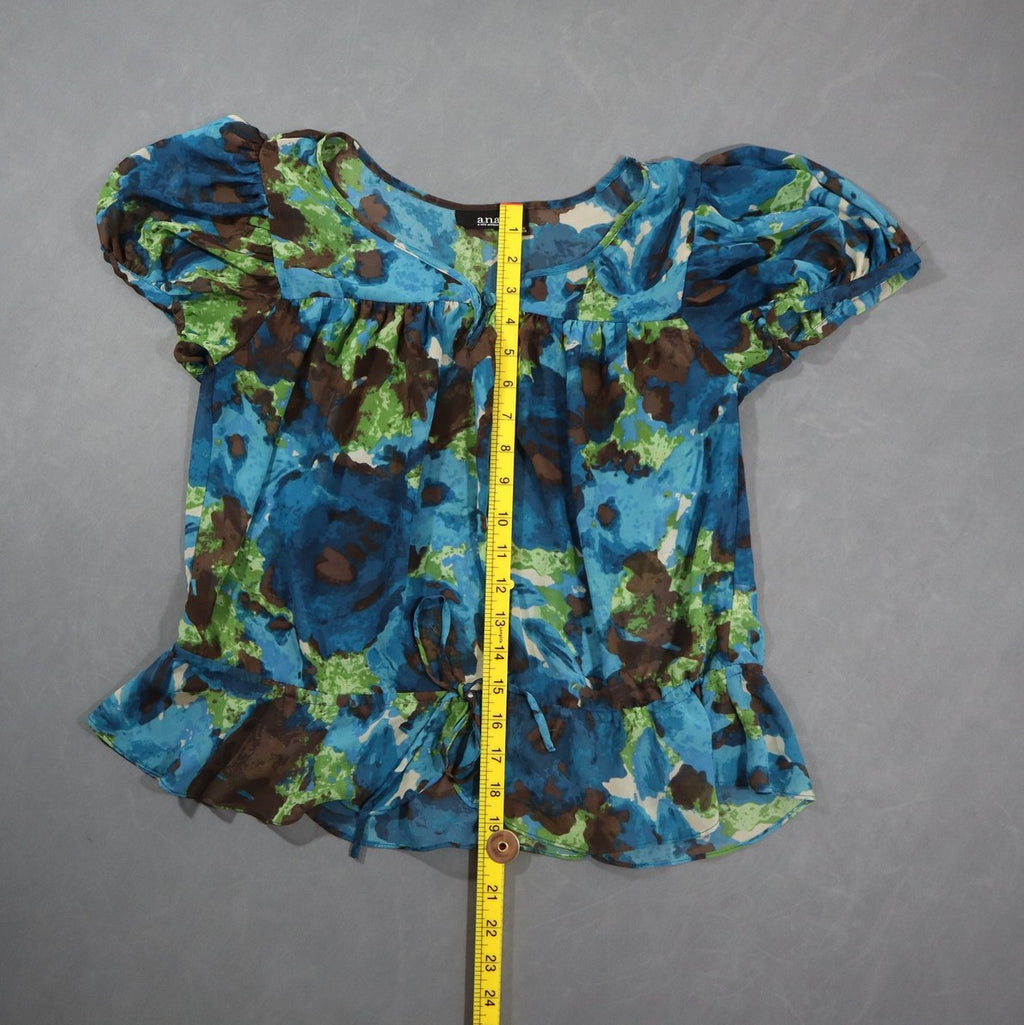 a.n.a A New Approach Womens Blouse S Blue Green Floral Sheer Puff Sleeve Tie Top
