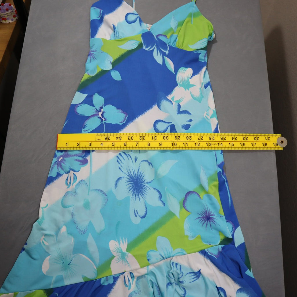 Vintage Y2K Estam Womens Floral Slip Dress Midi Asymmetric Ruffle Hem Blue Green