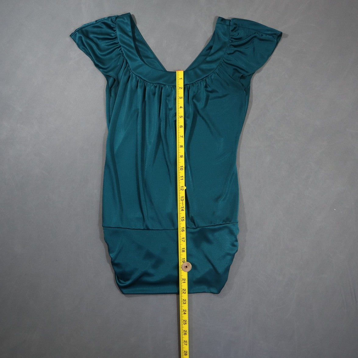 Studio Y Womens Flutter Sleeve Top S Teal Slinky Blouson Banded Hem Y2K Shirt