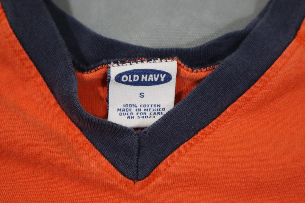 Vintage Y2K Old Navy Long Sleeve T Shirt Mens S Orange V Neck SF/94 Logo Raglan