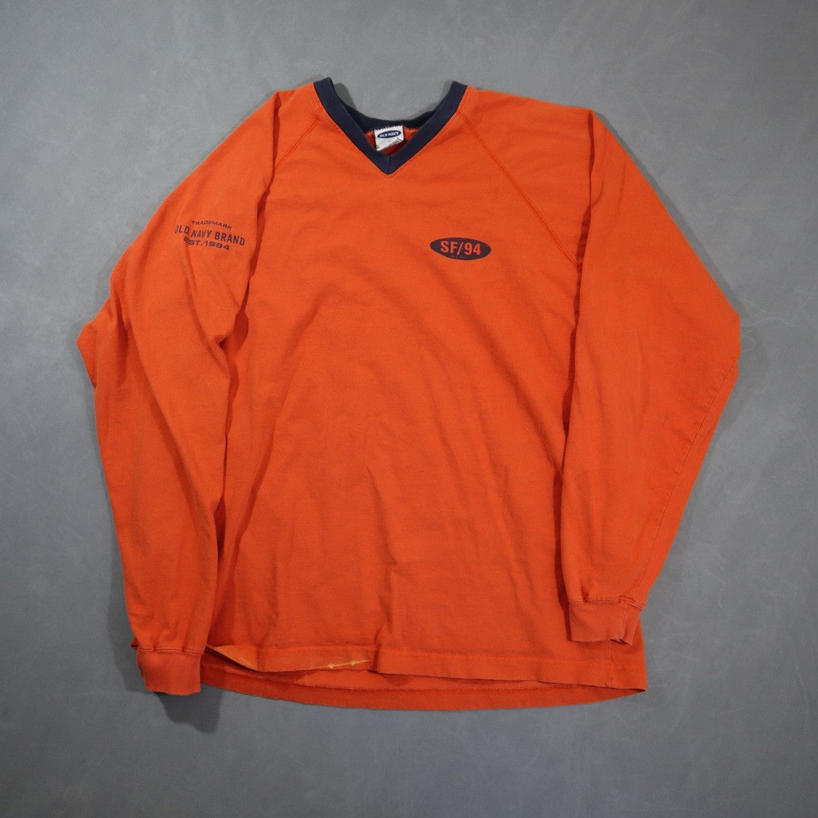 Vintage Y2K Old Navy Long Sleeve T Shirt Mens S Orange V Neck SF/94 Logo Raglan