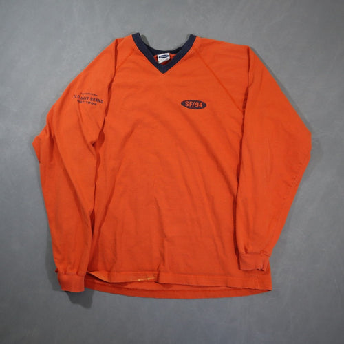 Vintage Y2K Old Navy Long Sleeve T Shirt Mens S Orange V Neck SF/94 Logo Raglan