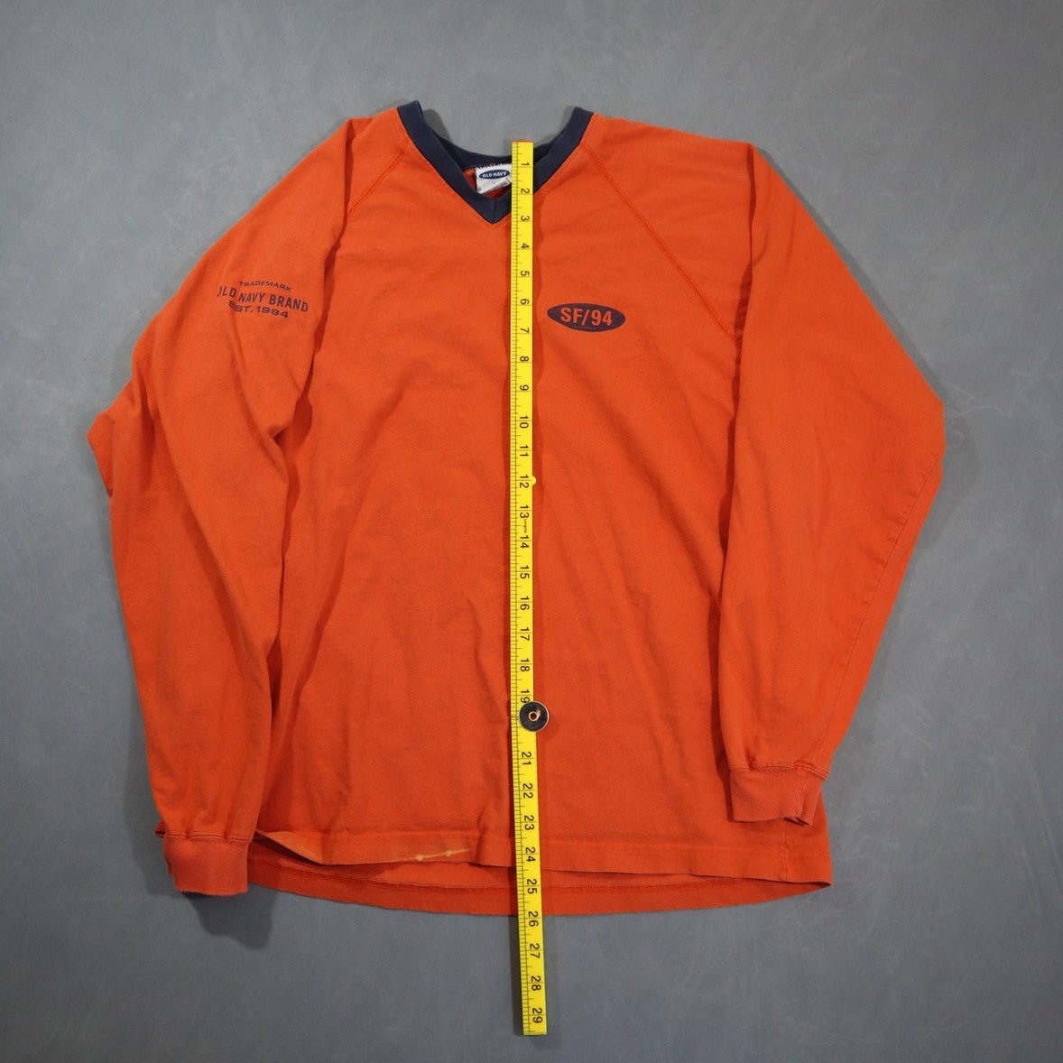 Vintage Y2K Old Navy Long Sleeve T Shirt Mens S Orange V Neck SF/94 Logo Raglan