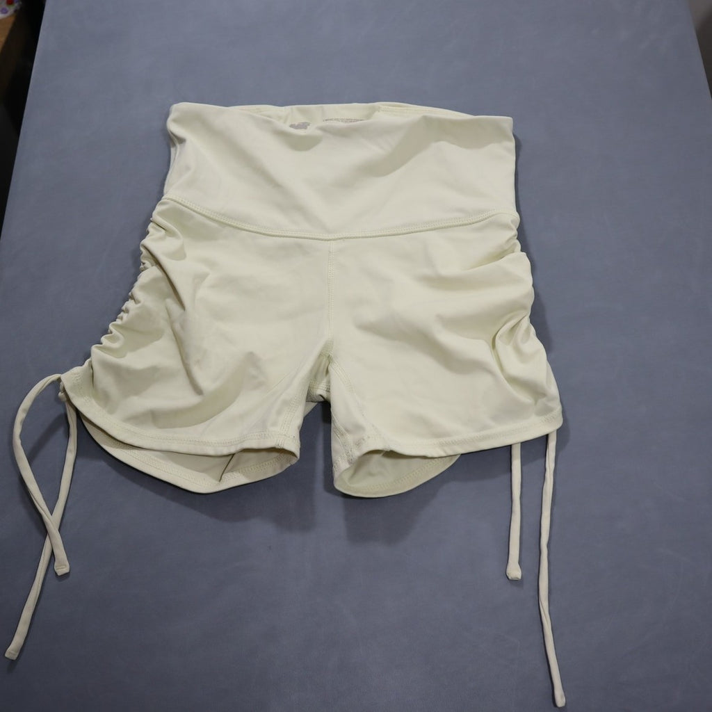 Avia Womens High Rise Ruched Scrunch Biker Shorts Drawstring Cream Small S 4-6