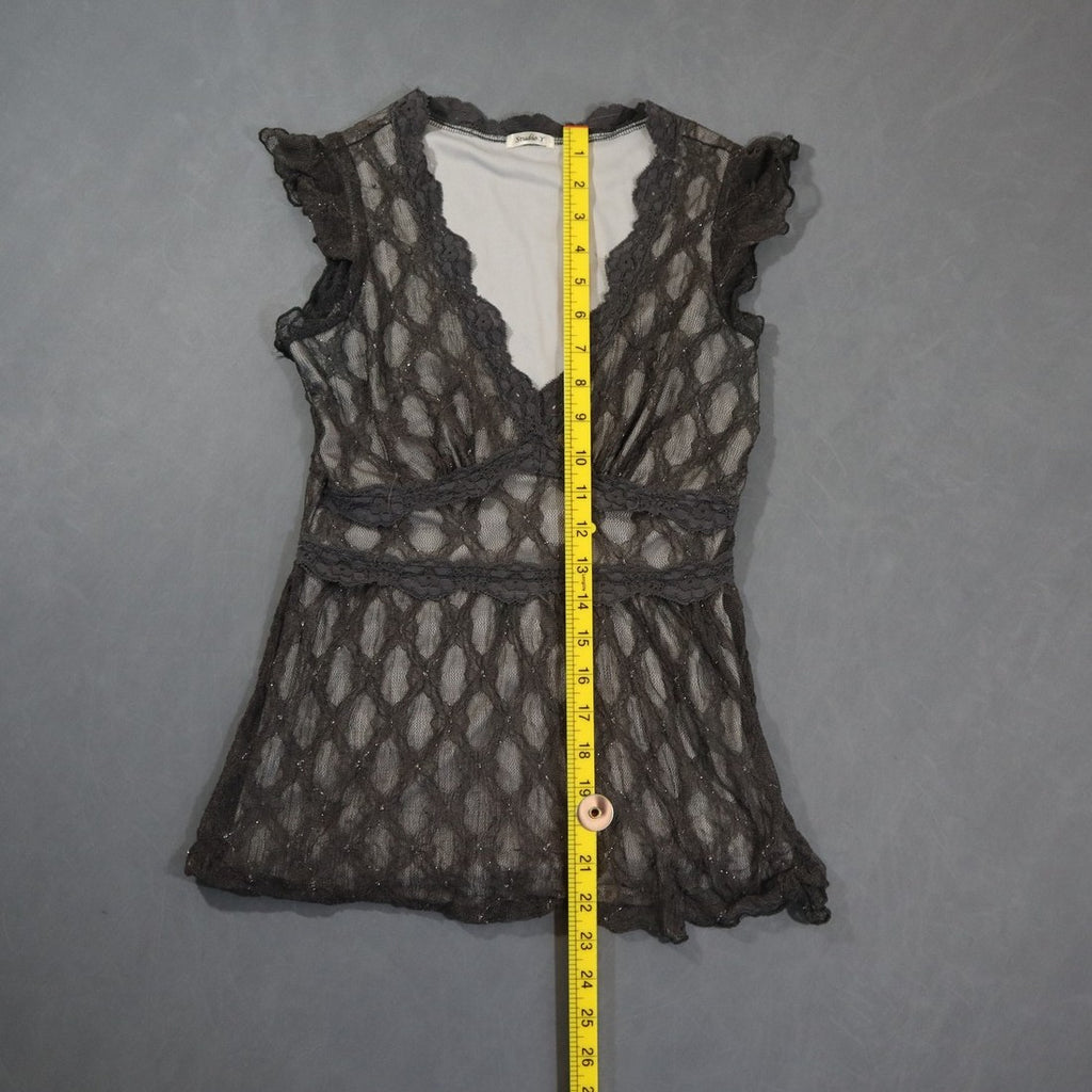 Studio Y Lace Top Womens Charcoal Grey V-Neck Cap Sleeve Empire Waist Babydoll