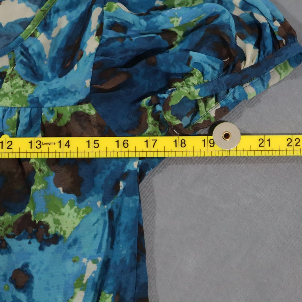 a.n.a A New Approach Womens Blouse S Blue Green Floral Sheer Puff Sleeve Tie Top