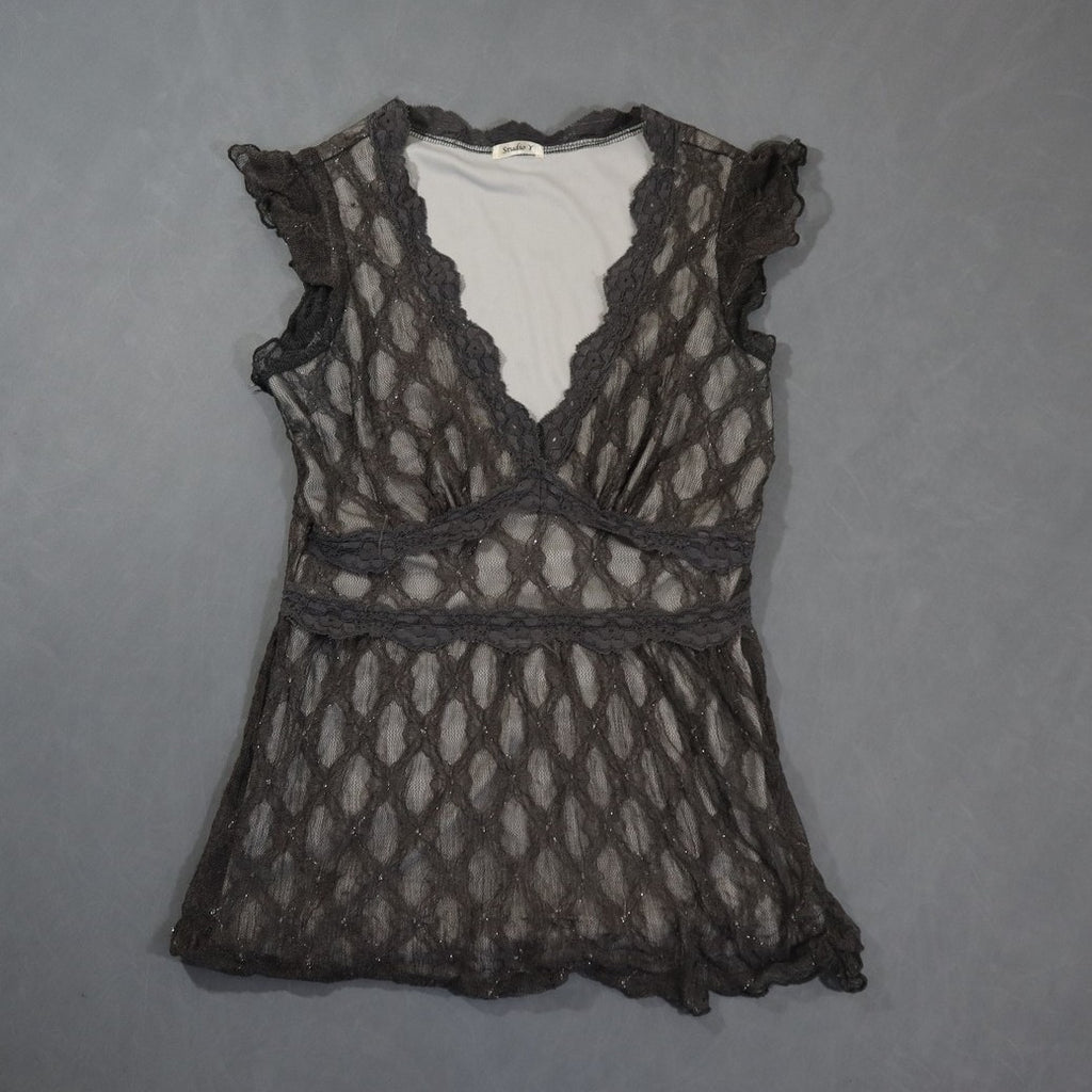 Studio Y Lace Top Womens Charcoal Grey V-Neck Cap Sleeve Empire Waist Babydoll