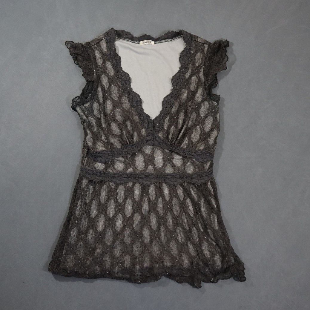 Studio Y Lace Top Womens Charcoal Grey V-Neck Cap Sleeve Empire Waist Babydoll