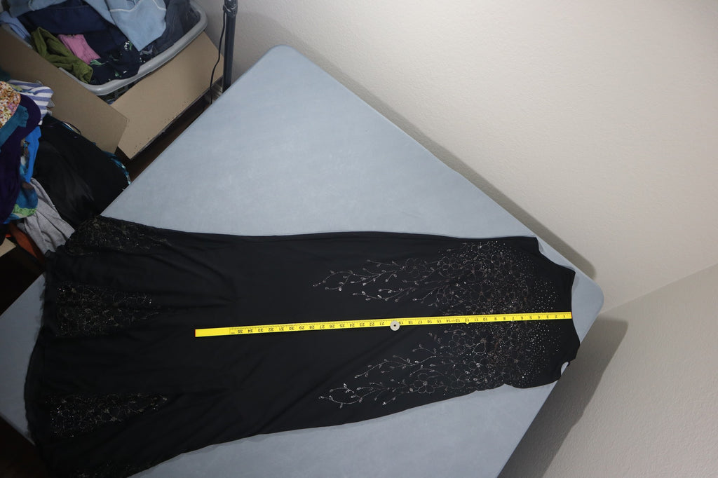 Vintage Y2K Newport News Womens Beaded Floral Maxi Dress Black Strappy Back 14