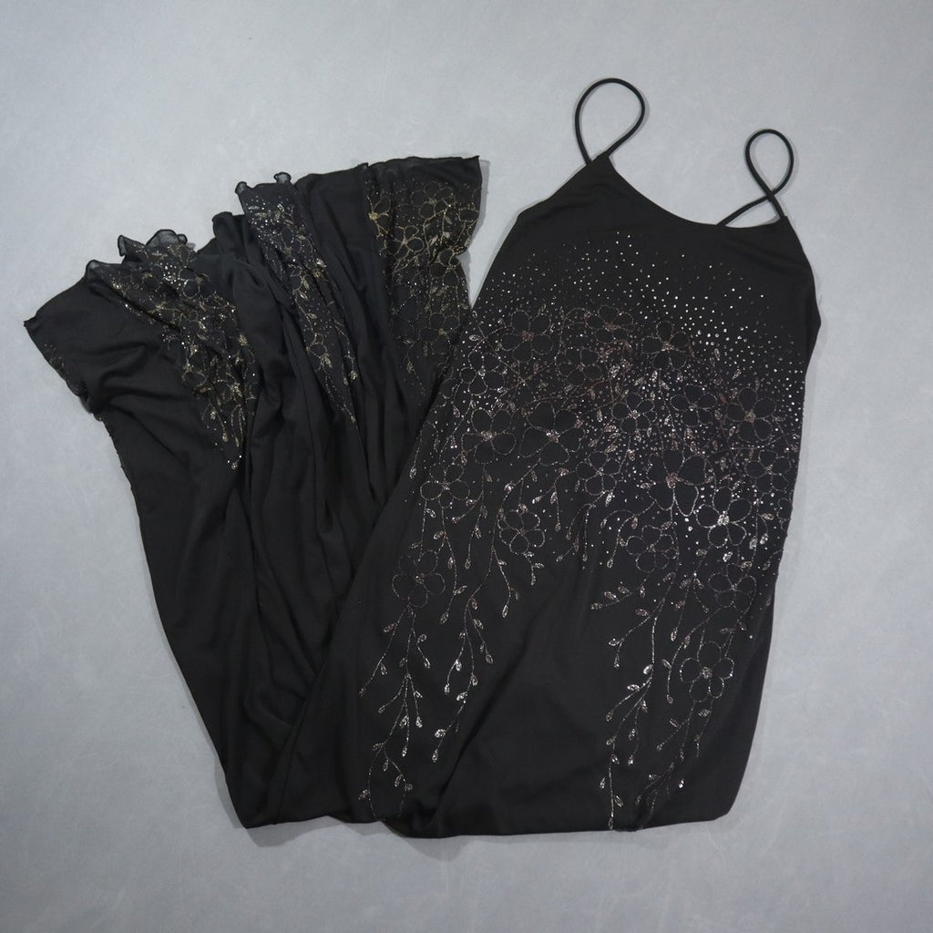 Vintage Y2K Newport News Womens Beaded Floral Maxi Dress Black Strappy Back 14
