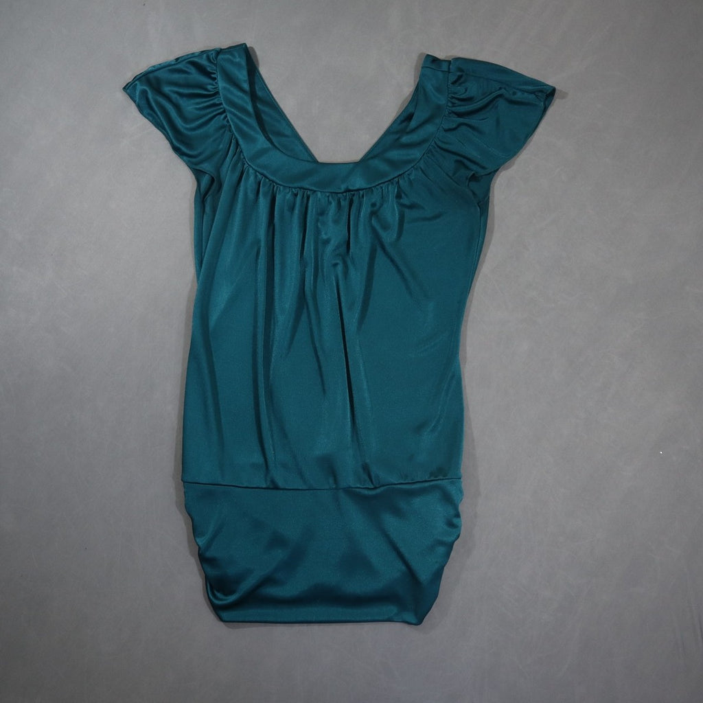 Studio Y Womens Flutter Sleeve Top S Teal Slinky Blouson Banded Hem Y2K Shirt