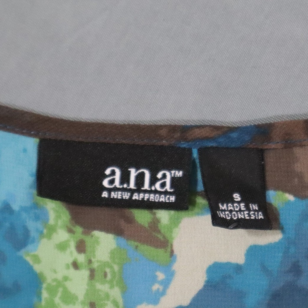 a.n.a A New Approach Womens Blouse S Blue Green Floral Sheer Puff Sleeve Tie Top