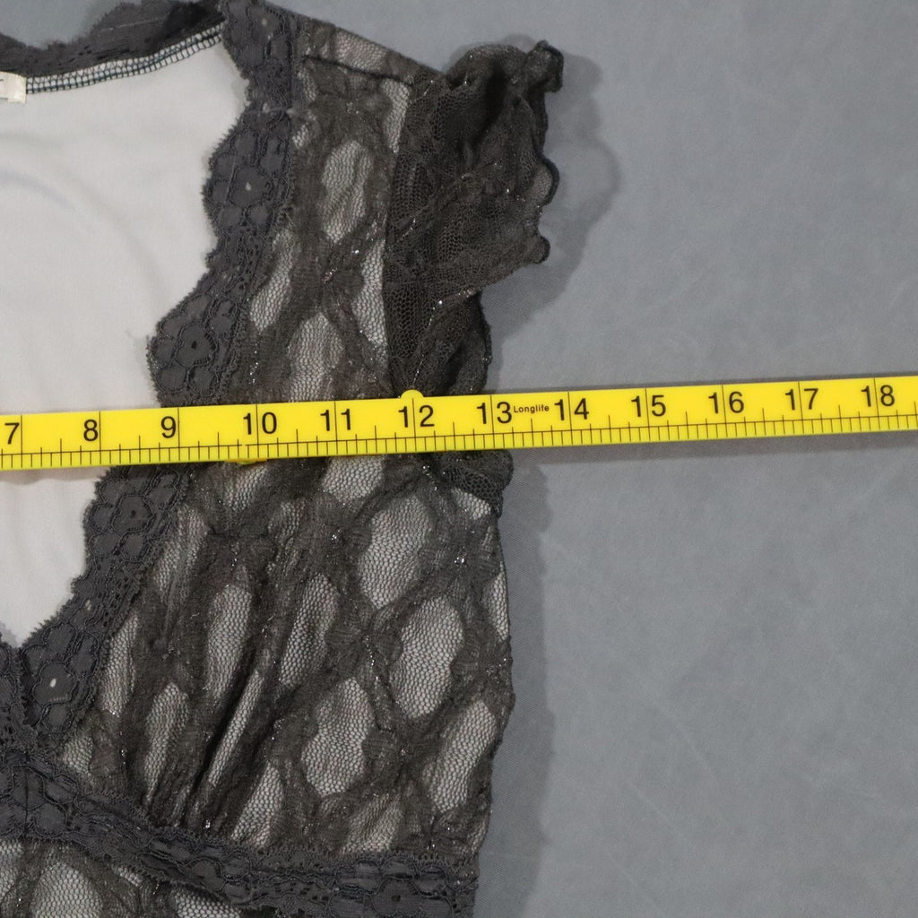 Studio Y Lace Top Womens Charcoal Grey V-Neck Cap Sleeve Empire Waist Babydoll