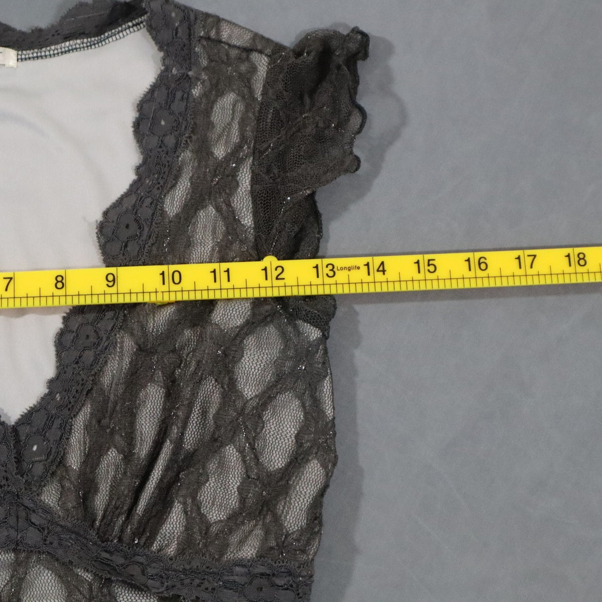 Studio Y Lace Top Womens Charcoal Grey V-Neck Cap Sleeve Empire Waist Babydoll