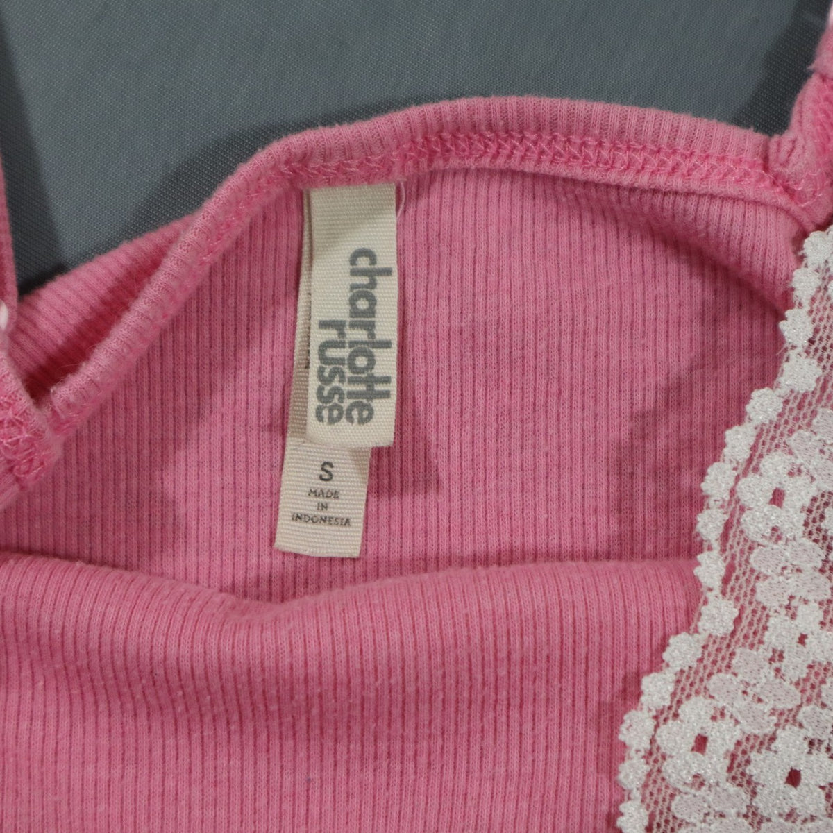 Charlotte Russe Womens Lace Trim Cami Tank Top Pink Ribbed Spaghetti Strap Sz S