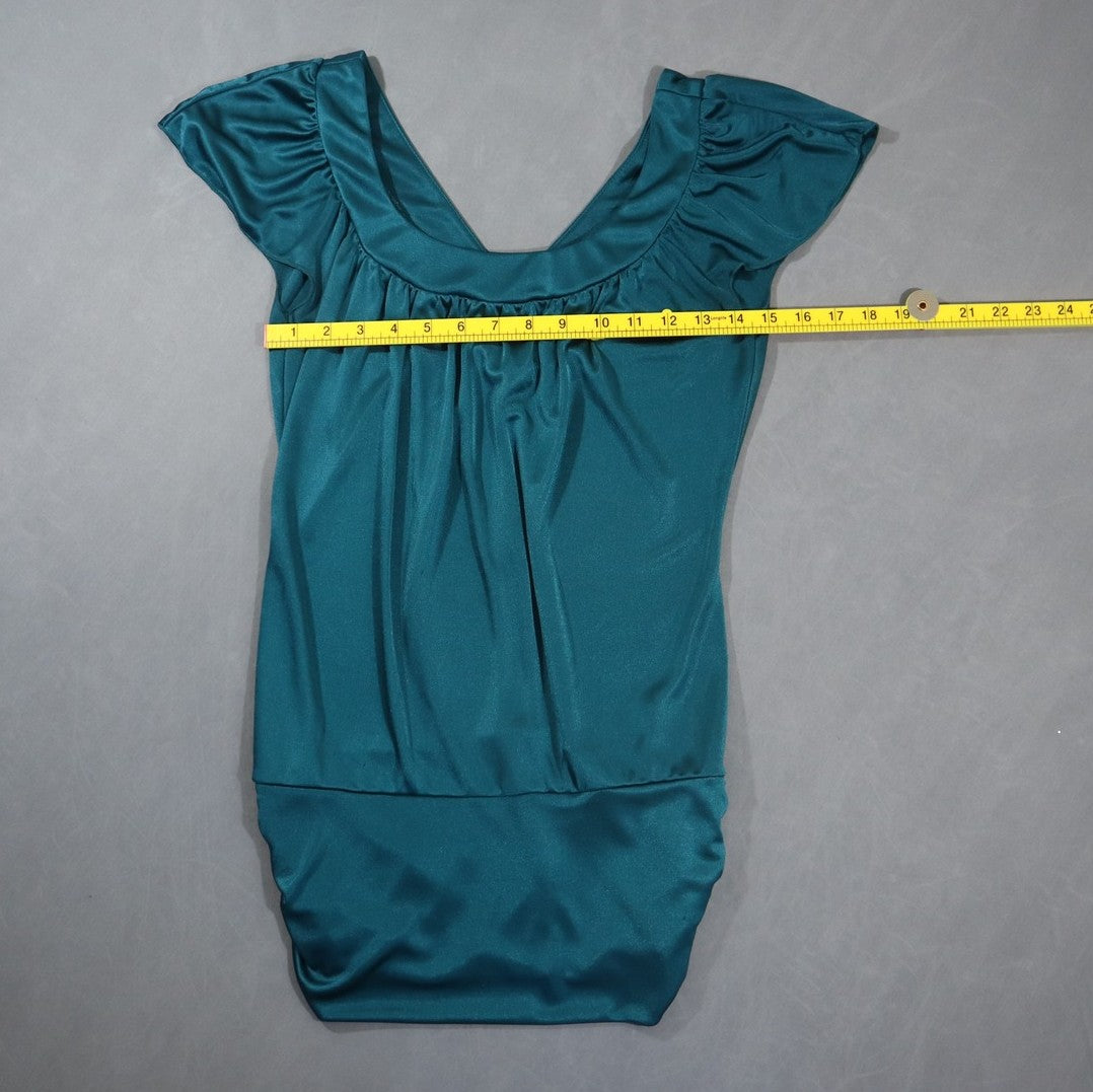 Studio Y Womens Flutter Sleeve Top S Teal Slinky Blouson Banded Hem Y2K Shirt