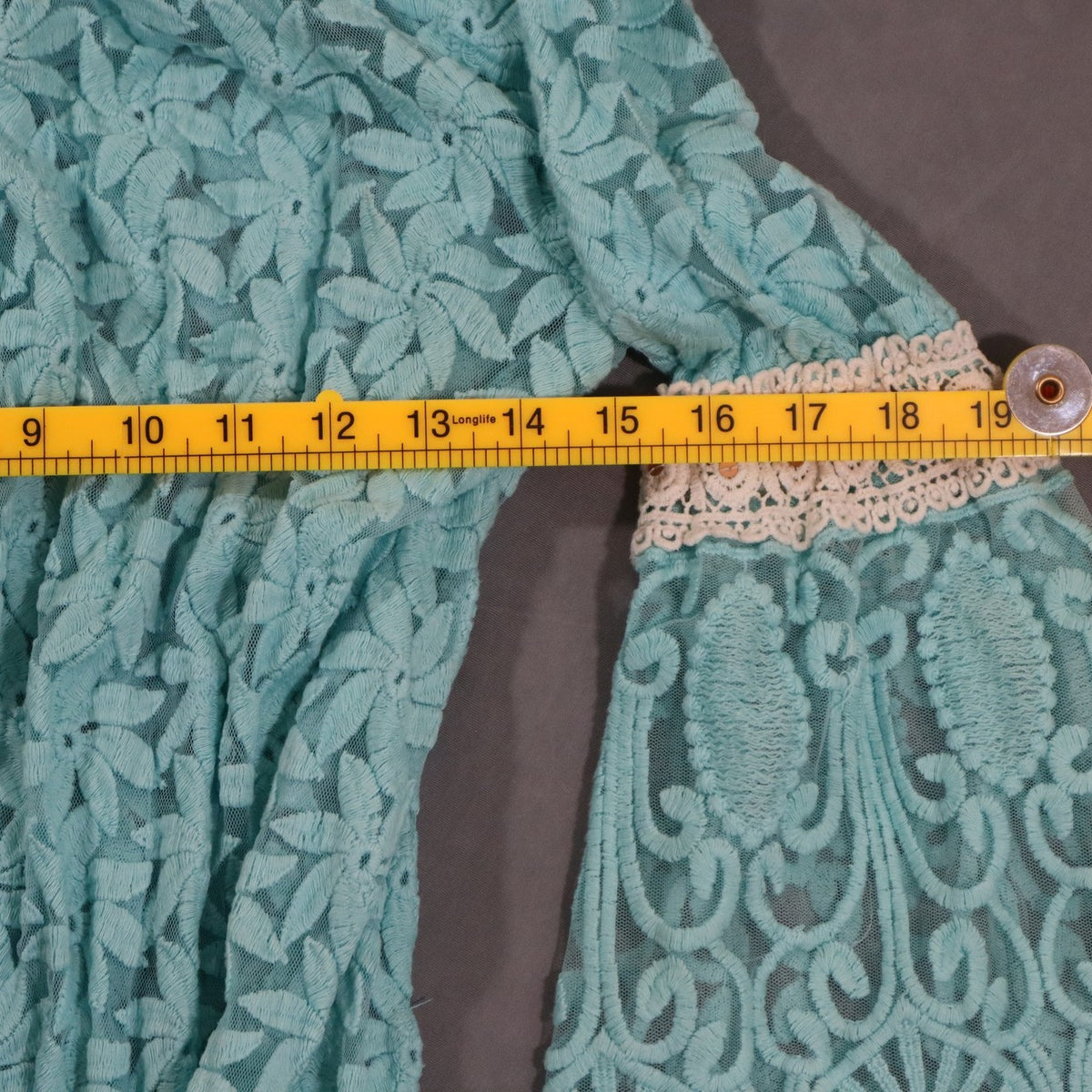 Lace Tunic Top Womens Aqua Blue Bell Sleeve Crochet Waist Tassel Boho Sheer