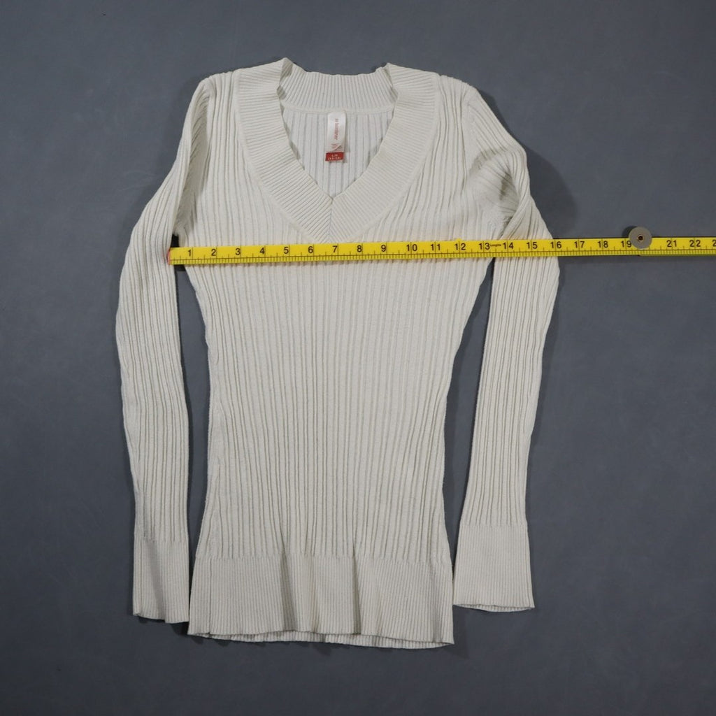 No Boundaries Sweater Juniors L 11-13 White Ribbed V Neck Long Sleeve Fitted Top