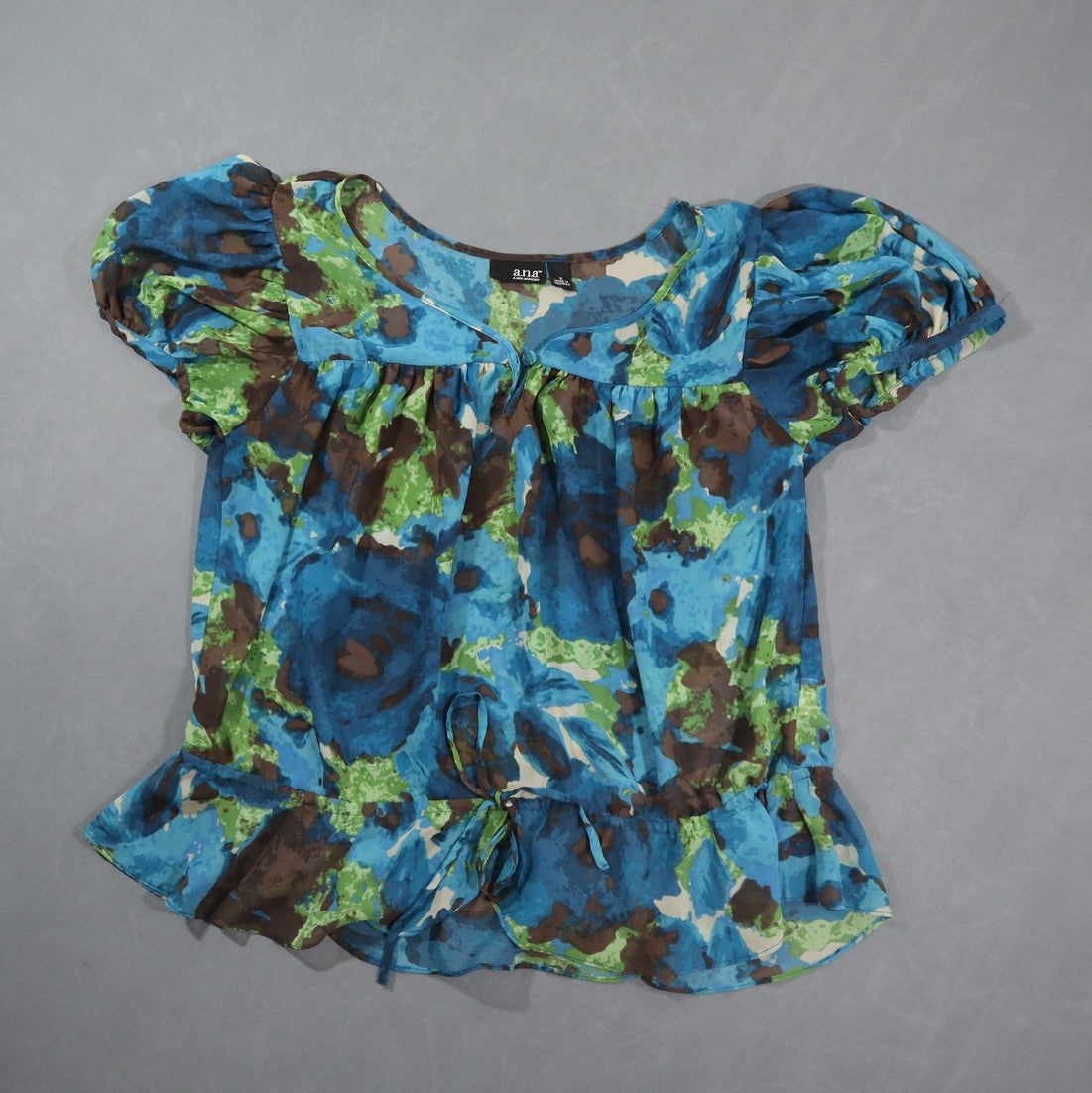 a.n.a A New Approach Womens Blouse S Blue Green Floral Sheer Puff Sleeve Tie Top