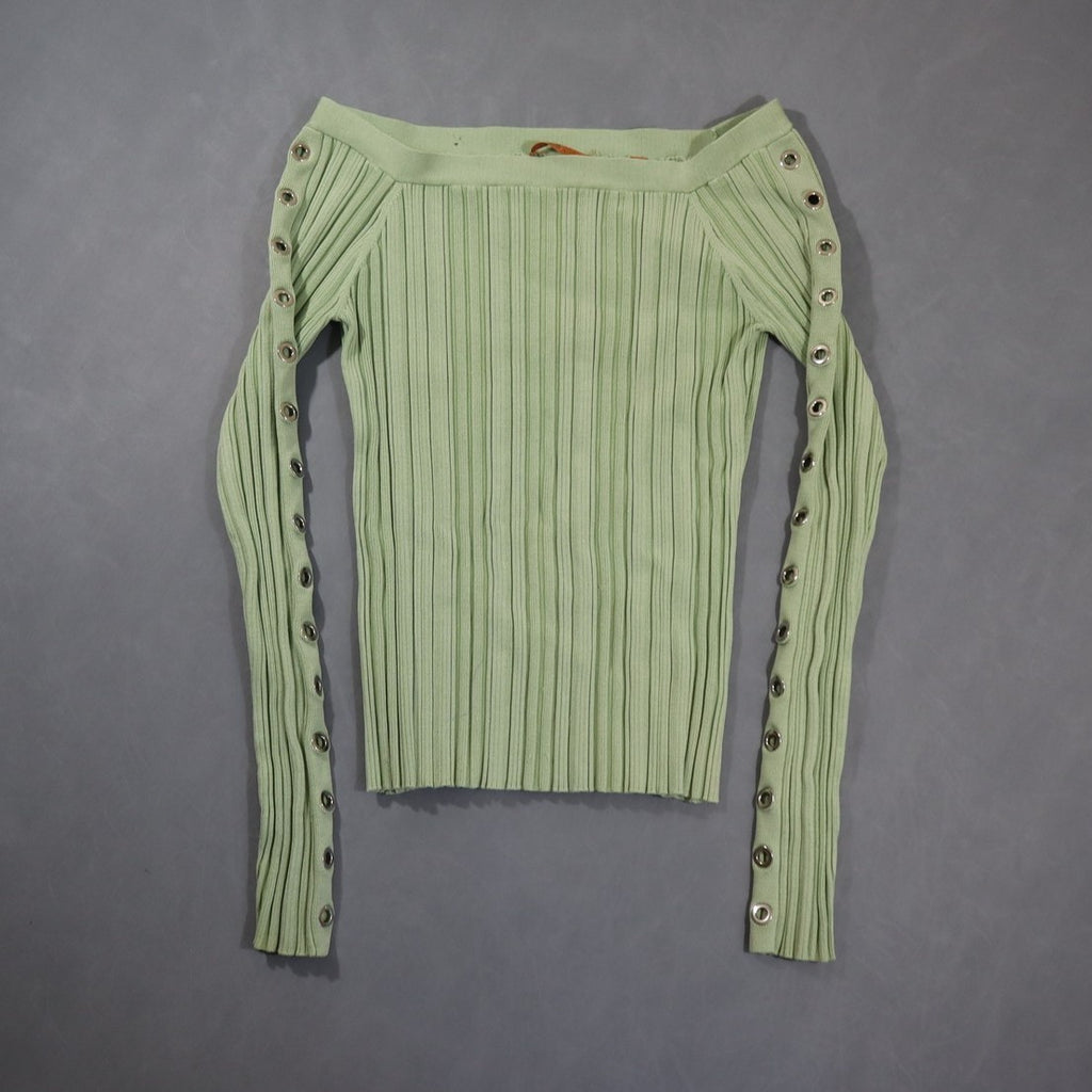 Essentiel Womens 3 Rib Knit Top Off Shoulder Grommet Sleeve Sweater Mint Green
