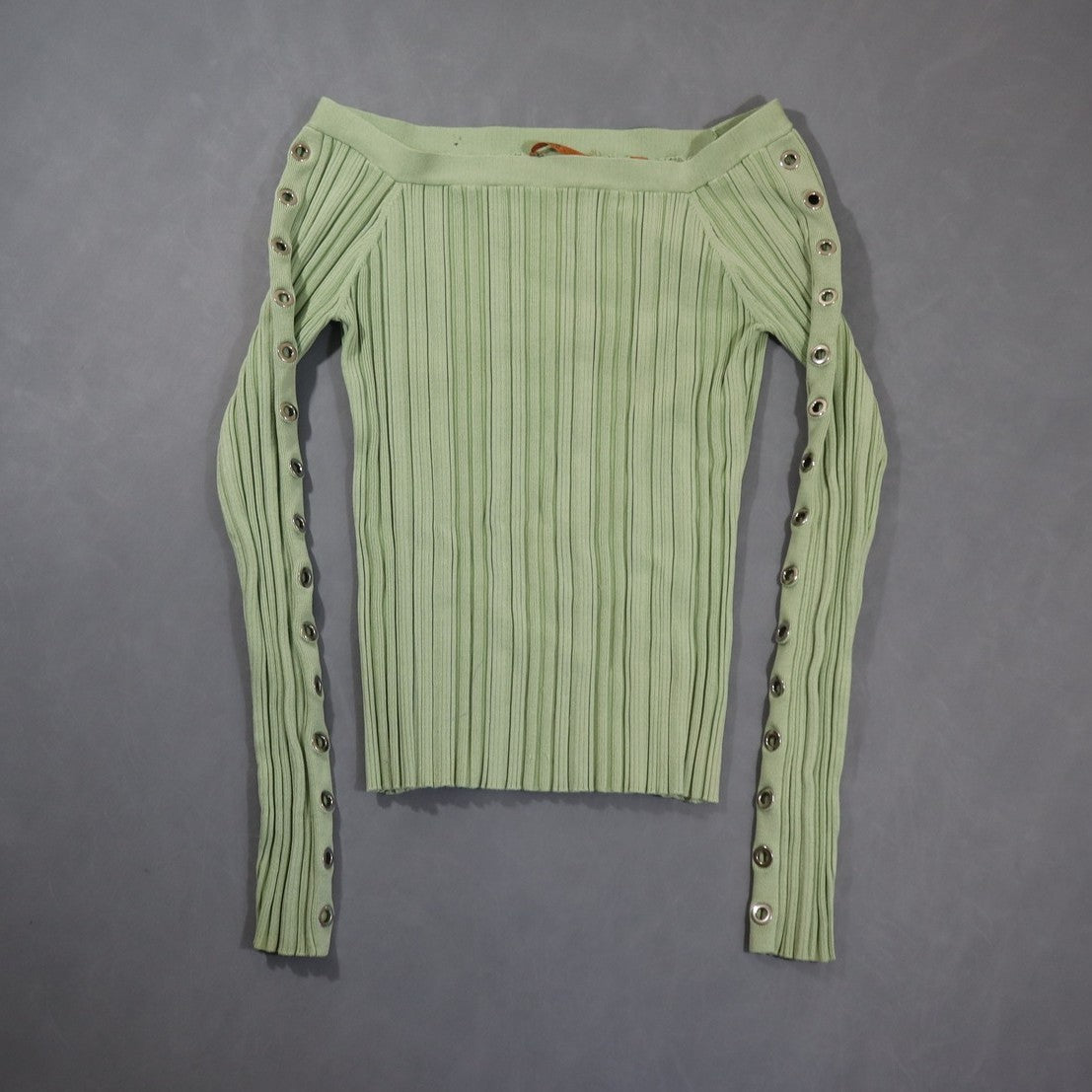 Essentiel Womens 3 Rib Knit Top Off Shoulder Grommet Sleeve Sweater Mint Green