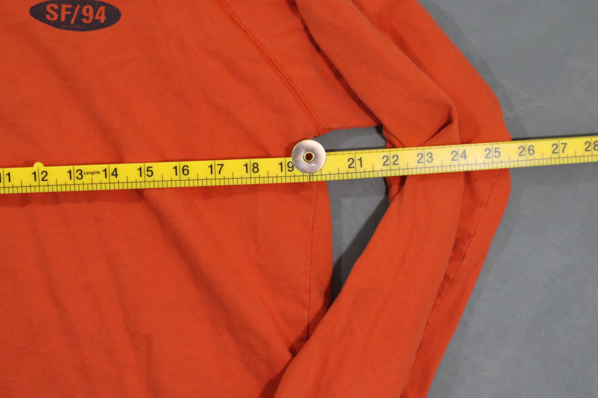 Vintage Y2K Old Navy Long Sleeve T Shirt Mens S Orange V Neck SF/94 Logo Raglan