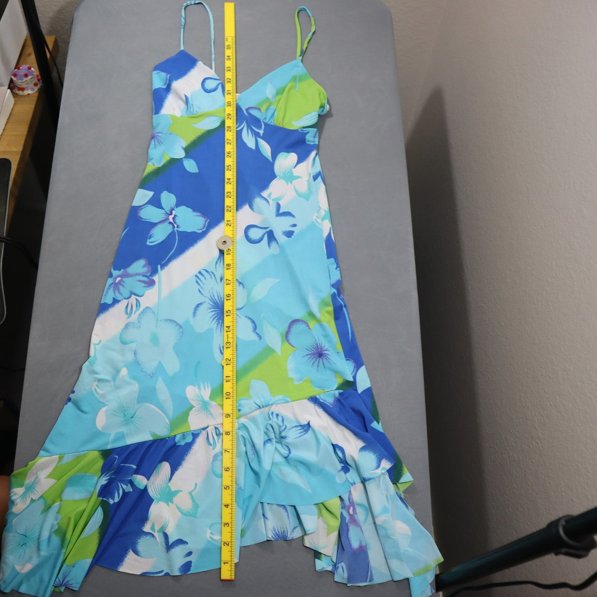 Vintage Y2K Estam Womens Floral Slip Dress Midi Asymmetric Ruffle Hem Blue Green