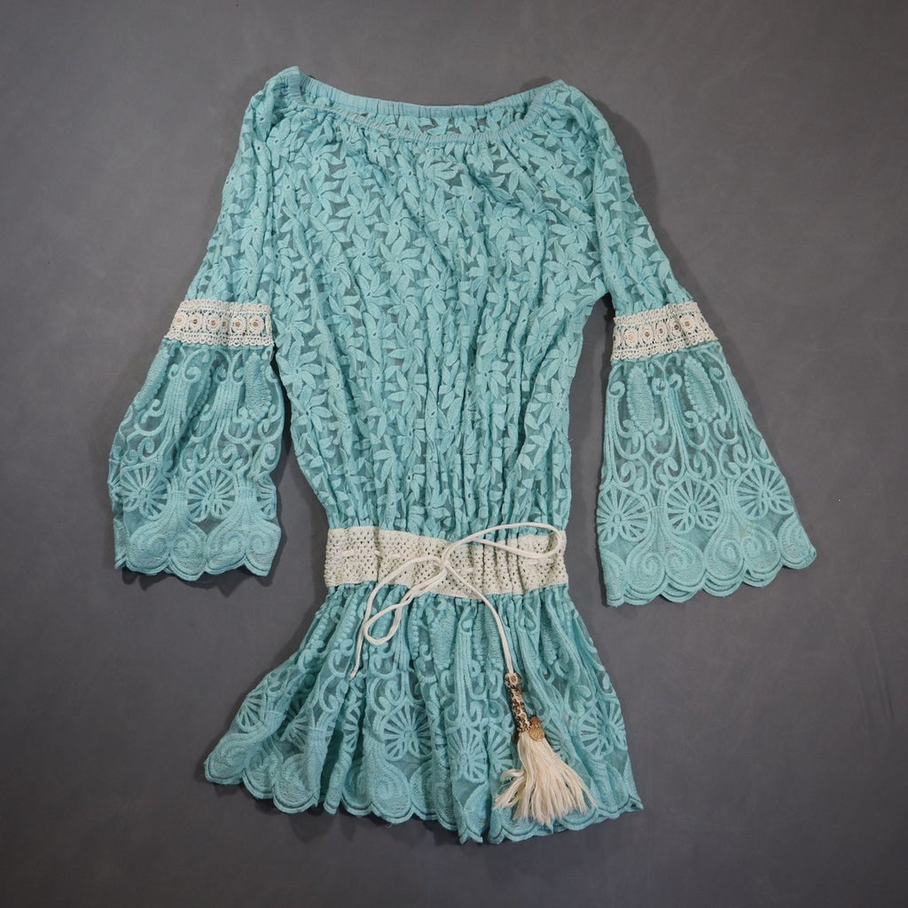 Lace Tunic Top Womens Aqua Blue Bell Sleeve Crochet Waist Tassel Boho Sheer