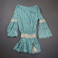 Lace Tunic Top Womens Aqua Blue Bell Sleeve Crochet Waist Tassel Boho Sheer
