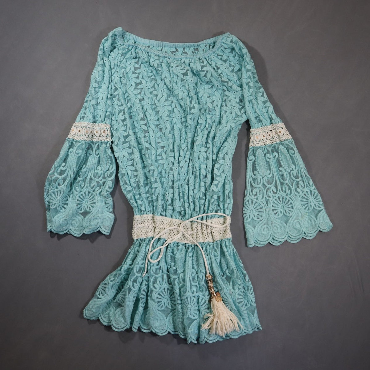 Lace Tunic Top Womens Aqua Blue Bell Sleeve Crochet Waist Tassel Boho Sheer
