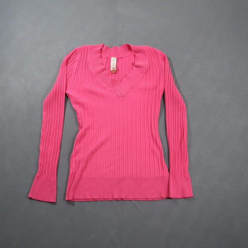 No Boundaries Sweater Juniors L 11-13 Hot Pink Ribbed V Neck Long Sleeve Knit