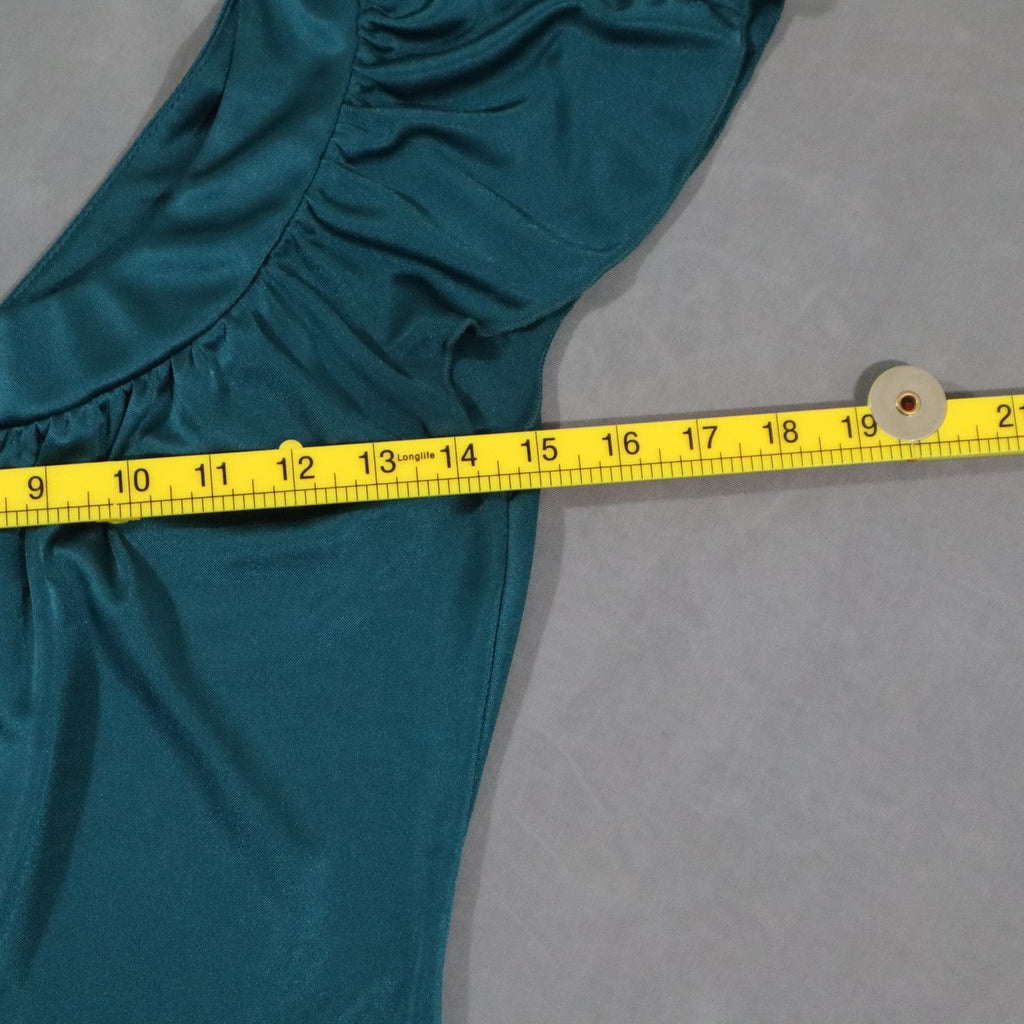 Studio Y Womens Flutter Sleeve Top S Teal Slinky Blouson Banded Hem Y2K Shirt