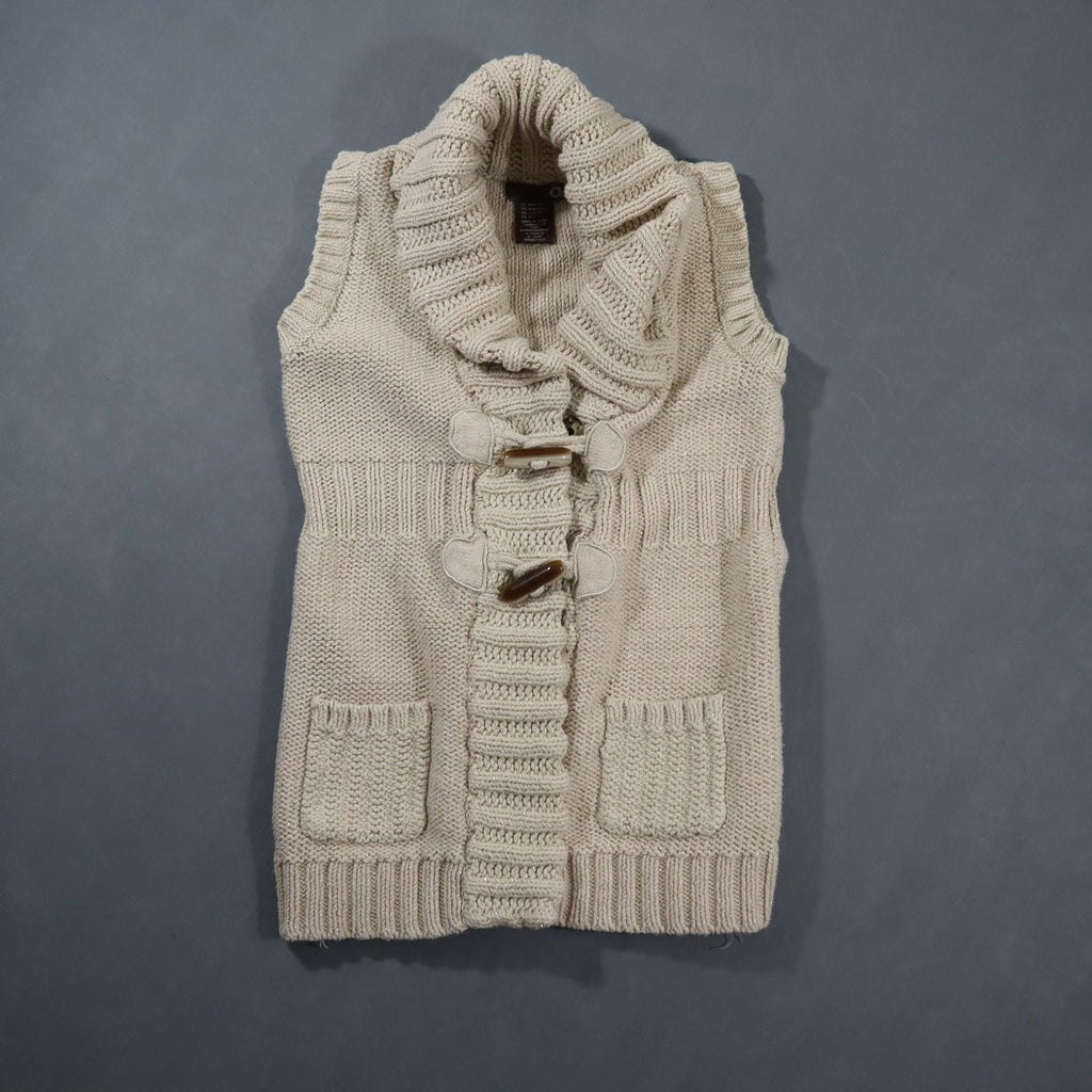 Girls Chunky Knit Sweater Vest Toggle Shawl Collar Sleeveless Cardigan Cream M