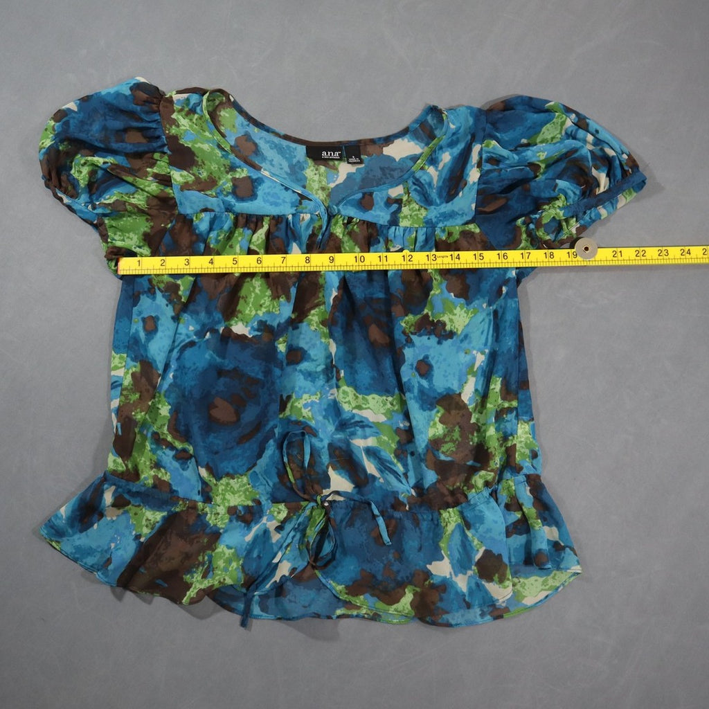 a.n.a A New Approach Womens Blouse S Blue Green Floral Sheer Puff Sleeve Tie Top