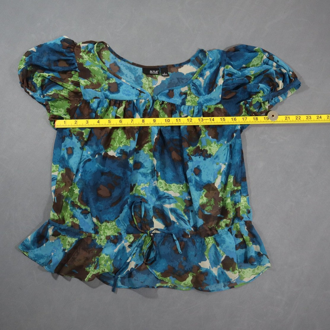 a.n.a A New Approach Womens Blouse S Blue Green Floral Sheer Puff Sleeve Tie Top